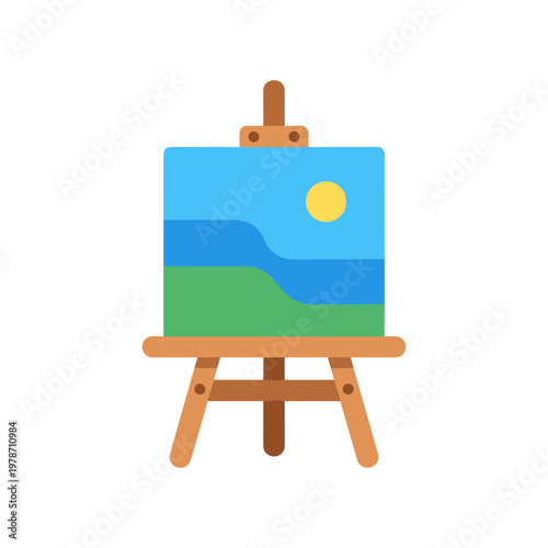 Wooden easel with landscape painting depicting sun and ocean waves representing art education and creative studio supplies for professional painters or hobbyist artists working on canvas projects.