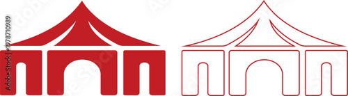 Event tent canopy pavilion icon set collection group in black red flat and line style vector illustration, camping shelter marquee gazebo awning symbol pack minimal outline design bundle