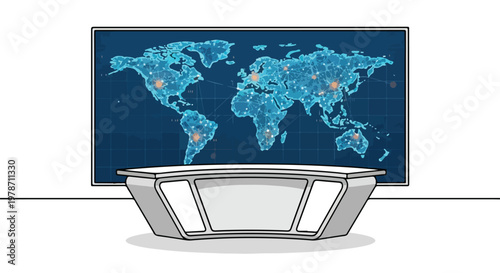 Global Network Broadcast News Desk with World Map Display