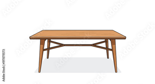 A simple illustration depicts a rectangular wooden dining table with tapered legs and a crossbeam support