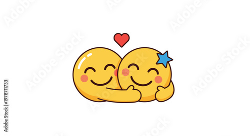 Two cheerful yellow emoji characters embrace warmly with a small red heart floating above them on a clean white background with a soft pastel aesthetic.