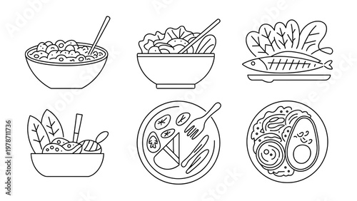 Vector illustration set of healthy meals and dishes: poke bowl with toppings, vegetable salad bowl, grilled fish plate, balanced meal plate, leafy greens, avocado slices, healthy ingredients arranged 