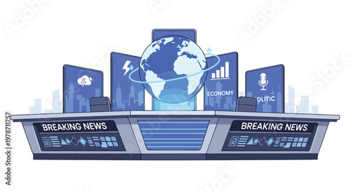 Global News Broadcast Studio with Earth and Digital Displays