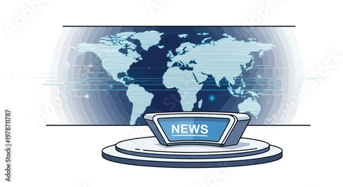 Global News Broadcast Studio with World Map Background