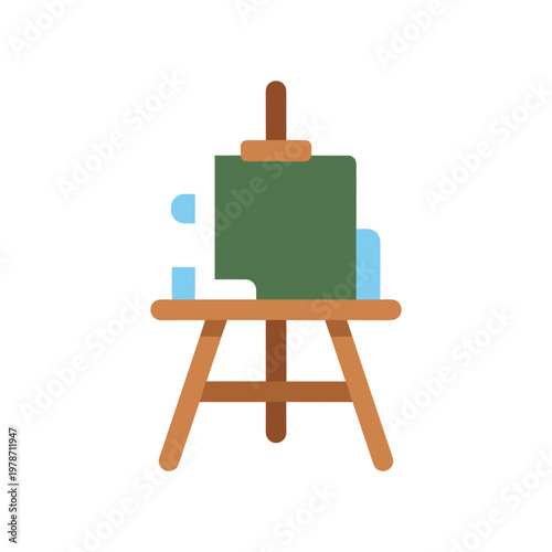 Artist easel with green canvas and blue abstract shapes representing art creation or painting process in a studio environment.