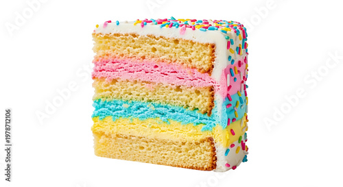 Slice of colorful layered sponge cake with sprinkles on black background