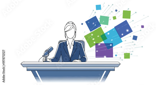News Anchor Woman Broadcasting Digital Information with Colorful Cubes