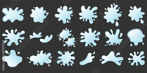 Dynamic set of water splash silhouettes, wavy fluid frames, and decorative puddle drops. Features vector spot paint effects and organic stain backgrounds, perfect for creative branding, poster design