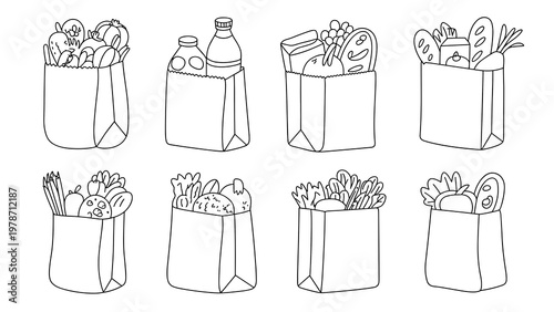 Vector illustration set of paper grocery bags filled with supermarket items: vegetables, fruits, bread, milk bottle, eggs, leafy greens, packaged goods visible from top. Includes different bag shapes,