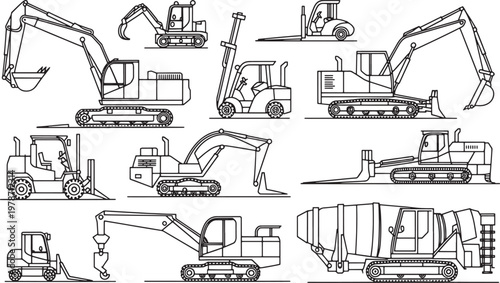 Industrial construction equipment vector illustration set with excavators forklifts and cement mixer on transparent background.