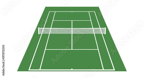 Overhead view of a green and white rectangular tennis court