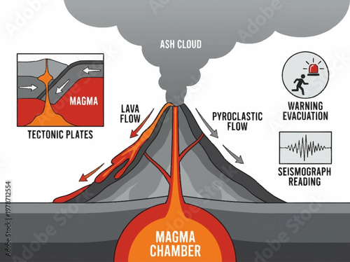 Diagram illustrating the internal structure and eruptive processes of a volcano, including magma chamber, tectonic plates, ash cloud, lava flow, and pyroclastic flow, along with warning signs.