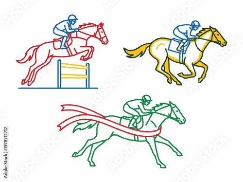 Three stylized illustrations of horse racing, including a horse jumping over an obstacle, a horse in full gallop, and a horse crossing the finish line.
