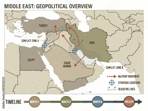 Middle East Geopolitical Overview Map Illustrating Military Movements and Strategic Locations Across a Timeline.
