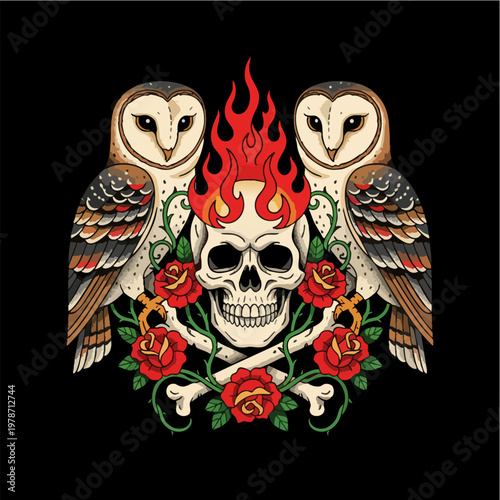 Flaming Skull with Barn Owls and Red Roses Tattoo Art