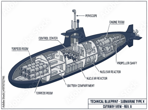 Technical Blueprint Cutaway View of Submarine Type X, Revealing Internal Components and Systems.