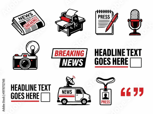 Collection of journalistic and news-related icons, including a newspaper, camera, microphone, and news van.