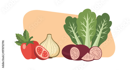 A vibrant vector illustration showcasing fresh vegetables like tomatoes, onion, beets, and leafy greens against a soft peach-colored background.