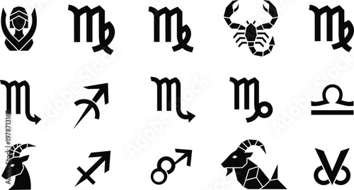 Zodiac, astrology, symbols, set, featuring, scorpio, sagittarius, libra, virgo, capricorn, icons, horoscope, signs, celestial, black, silhouette, vector, design, elements, for, spiritual, mystical,