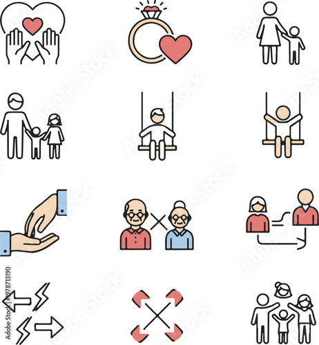 Family Support, Marriage, and Personal Connection Flat Line Icon Set