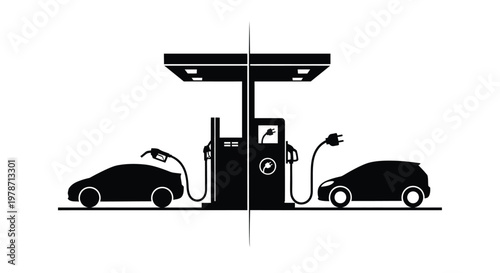 Gas station and electric vehicle charging point depicted in black silhouette