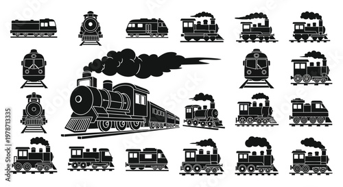 Vintage steam trains collection in black featuring detailed silhouette high quality