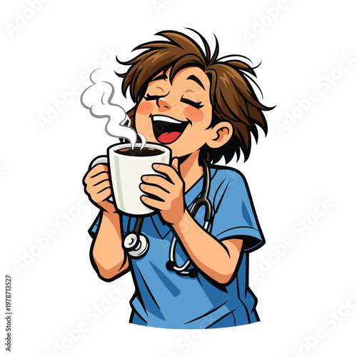 Cartoon nurse smiling with coffee mug