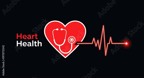 Heart health medical symbol with stethoscope and electrocardiogram on dark background