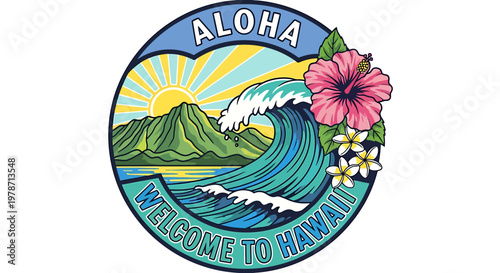 Vibrant Hawaiian wave mountain sunset aloha welcome badge illustration with flowers