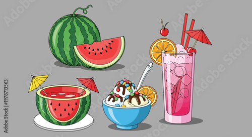 Colorful illustration of summer food and drinks with fruit  watermelon ice cream soda