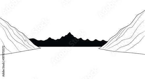 Illustration of mountain range silhouette between two cliffs