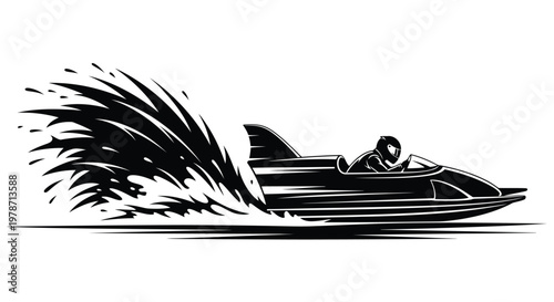 Black and white illustration of a person driving a speedboat on water