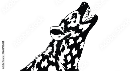 A black and white illustration of a spotted hyena howling at the moon