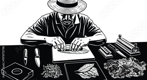 Man in a hat rolling a cigar on a table with tools and tobacco leaves