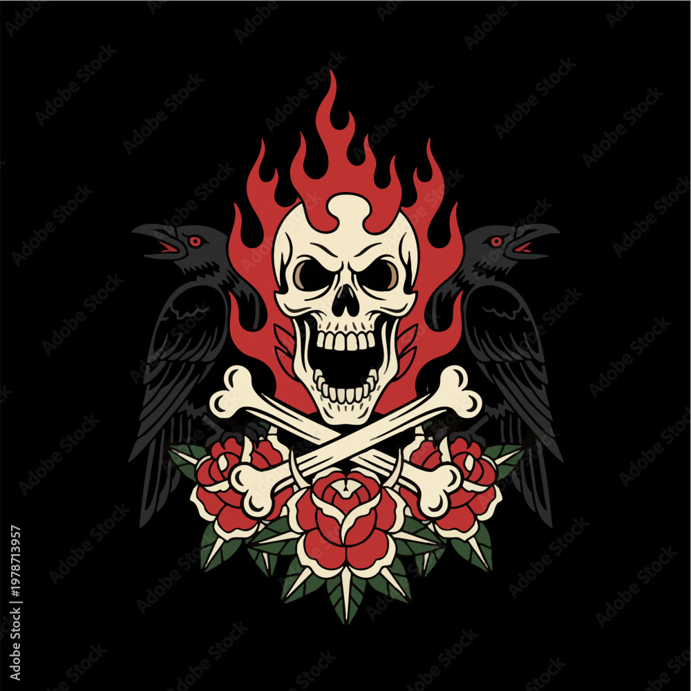 Fototapeta premium Burning Skull with Crossbones Ravens and Roses Tattoo Art