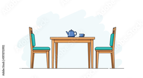 A simple illustration depicts a wooden table set for two with chairs and tea service