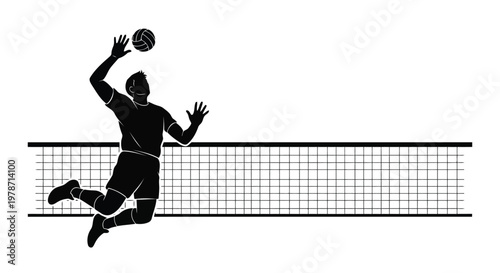 Silhouette of a volleyball player jumping to hit the ball over a net