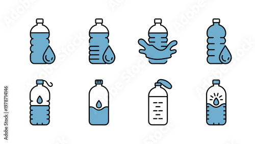 Vector illustration set of hydration-themed icons: plastic water bottles combined with water drops, splash symbols, refill icons, eco bottle, cold bottle with condensation lines, purity symbols. Conce