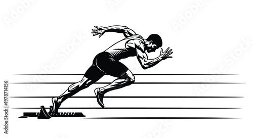 Black and white illustration of a male sprinter at the starting line in motion