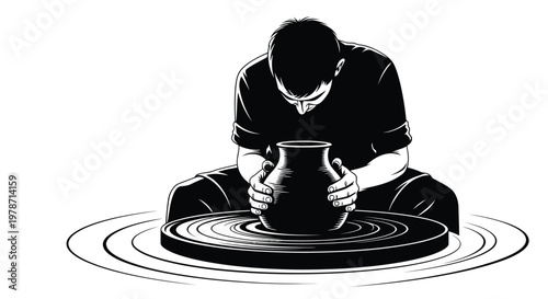 A man sitting at a pottery wheel shaping a clay vase with his hands