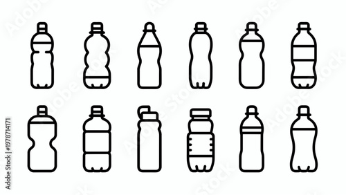 icons: single-use water bottles, reusable bottles, sports bottles, different cap types, label variations, front and side views. Clean minimal outline icon style, smooth consistent stroke width, geomet