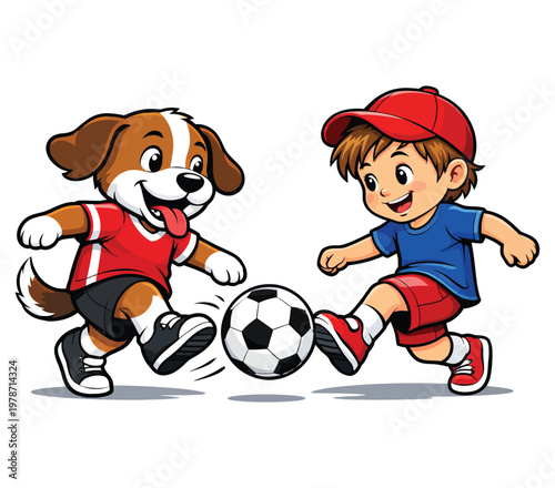 Boy and dog playing soccer together