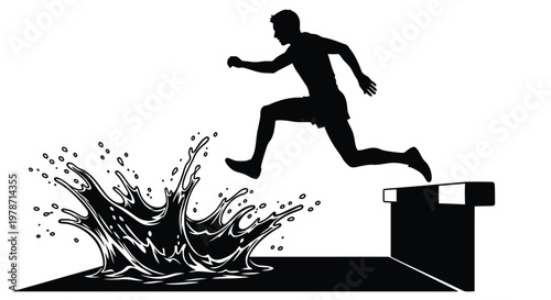 A black silhouette of a man jumping over a hurdle with a water splash