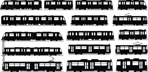 Modern, train, silhouette, collection, featuring, subway, metro, tram, locomotive, railway, transport, icons, set, for, public, transportation, urban, travel, design, isolated, white, background.