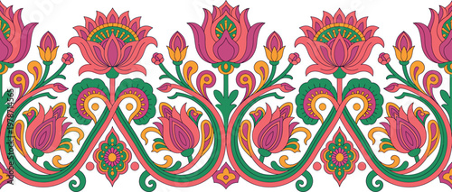 Indian floral border vector illustration with colorful lotus flowers and paisley ornaments in traditional ethnic pattern.