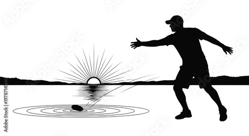 Man skipping a stone across the water at sunset in silhouette