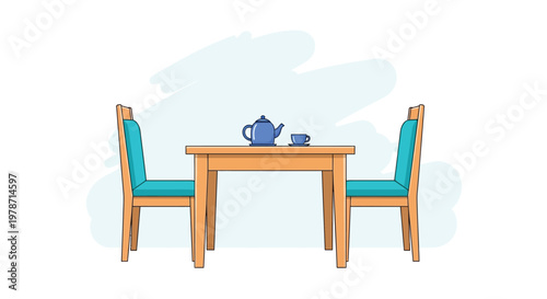 A simple illustration depicts a wooden table set for two with chairs and a teapot
