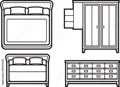 Bedroom furniture vector illustration set featuring bed frames wooden wardrobe and chest of drawers in thin line layout.