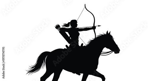 Silhouette of a woman riding a horse and shooting a bow and arrow