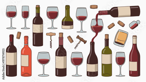 Vector illustration set of wine essentials: various wine bottles (red, white, rosé), wine glasses (filled, empty, different shapes), corks, corkscrew, bottle neck details, pouring wine into glass. Foc